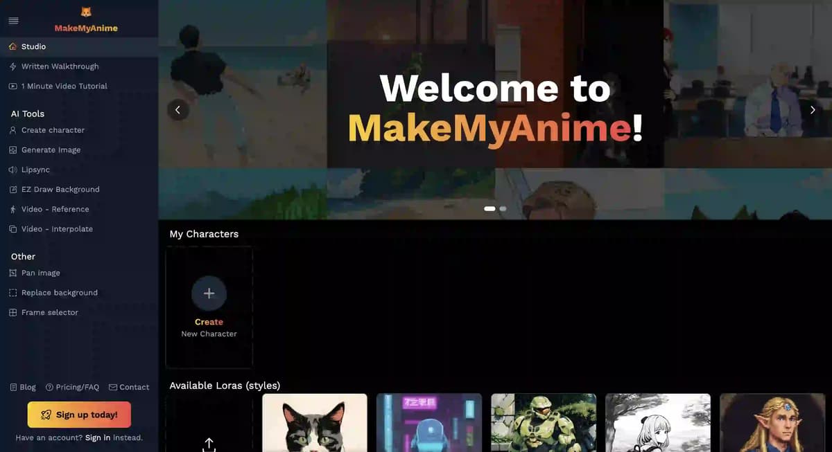 Screenshot der Startseite von MakeMyAnime