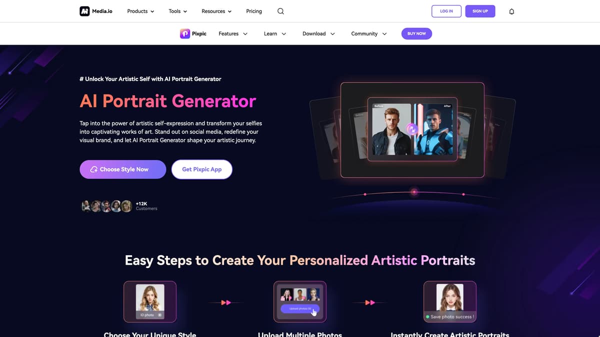 Pixpic AI Portrait Generator 홈페이지 스크린샷