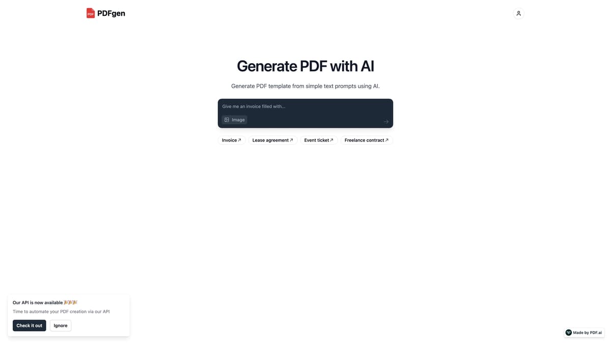 Capture d'écran de la page d'accueil de PDFgen