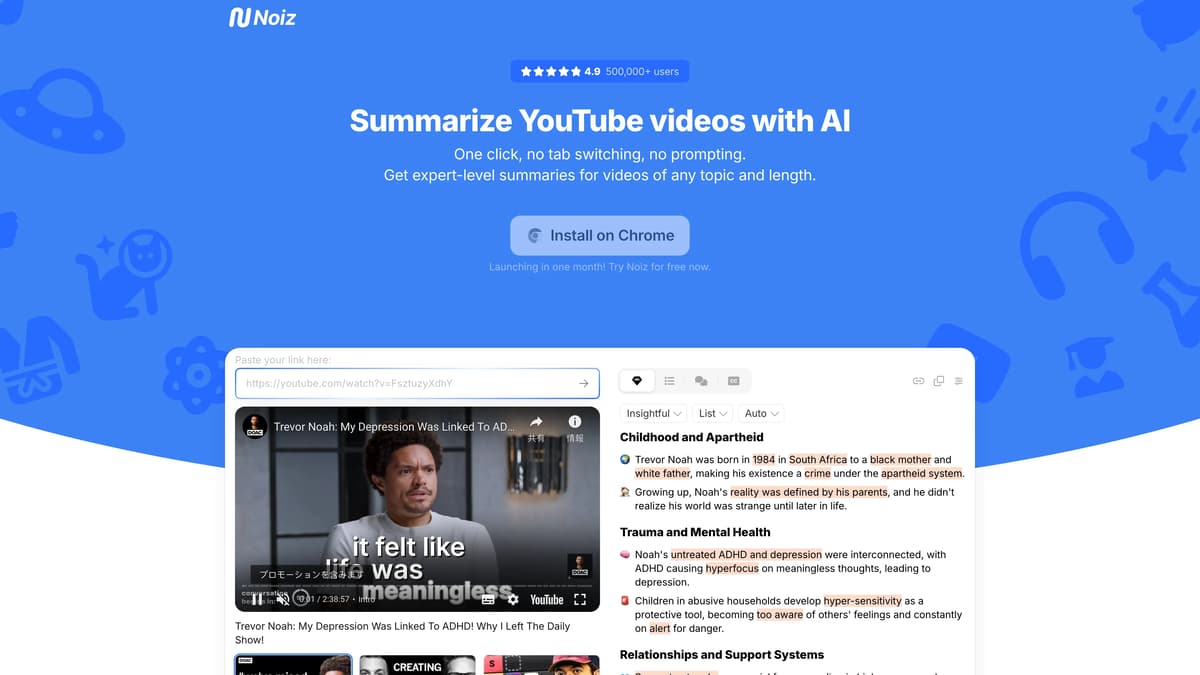 Noiz-YouTube Video Summarizer 首頁截圖
