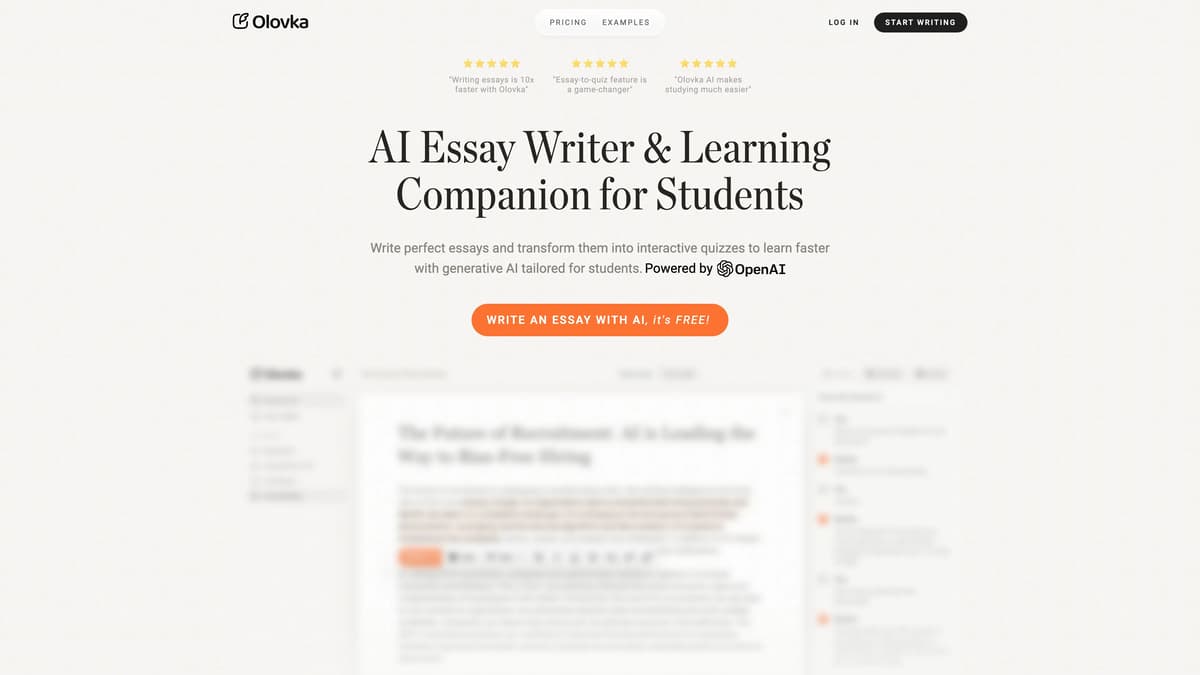 Olovka AI Essay Writer homepage screenshot