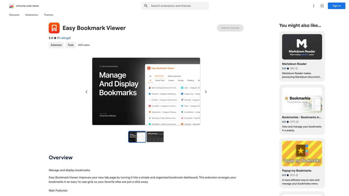 Easy Bookmark Viewer homepage screenshot