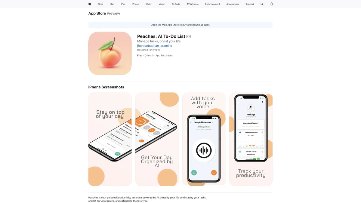 Peaches: AI To-Do List homepage screenshot