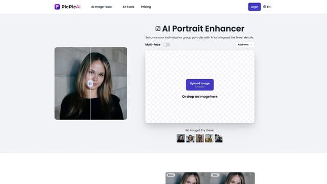 Captura de la página de inicio de PicPicAI - AI Portrait Enhancer