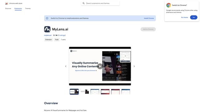 Capture d'écran de la page d'accueil de MyLensAI