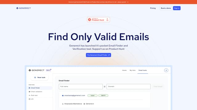 Generect Email Finder homepage screenshot