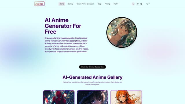 Screenshot der Startseite von AI Anime Gen