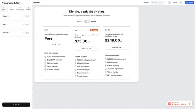 Pricing Table Builder 首頁截圖