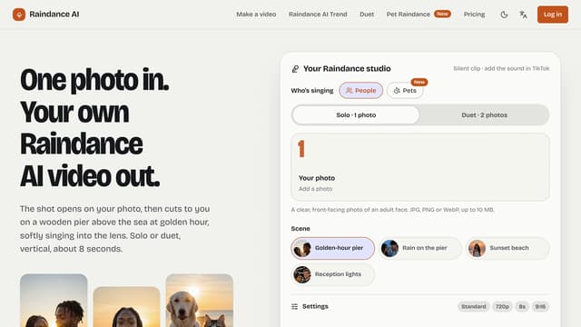 Capture d'écran de la page d'accueil de Raindance AI